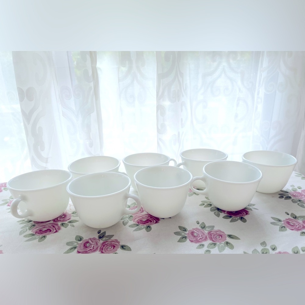 8 Vintage Pyrex Milk Glass Opal White Coffee Mugs Tea Cups